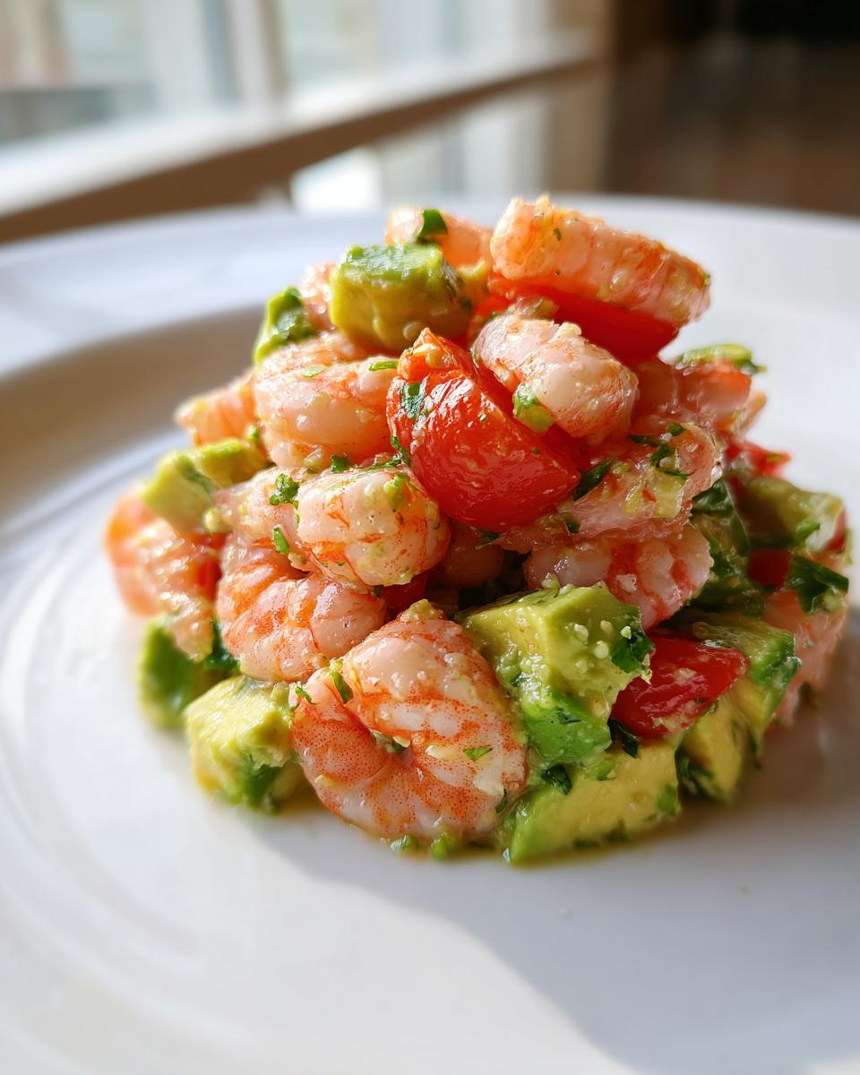 A perfectly plated mound of Refreshing Shrimp And Avocado Salad featuring pink shrimp, green avocado chunks, and red tomatoes.