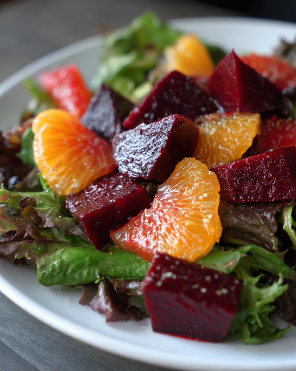 Close-up of a vibrant Roasted Beet Citrus Salad featuring deep red beet cubes and bright orange citrus segments over mixed greens.