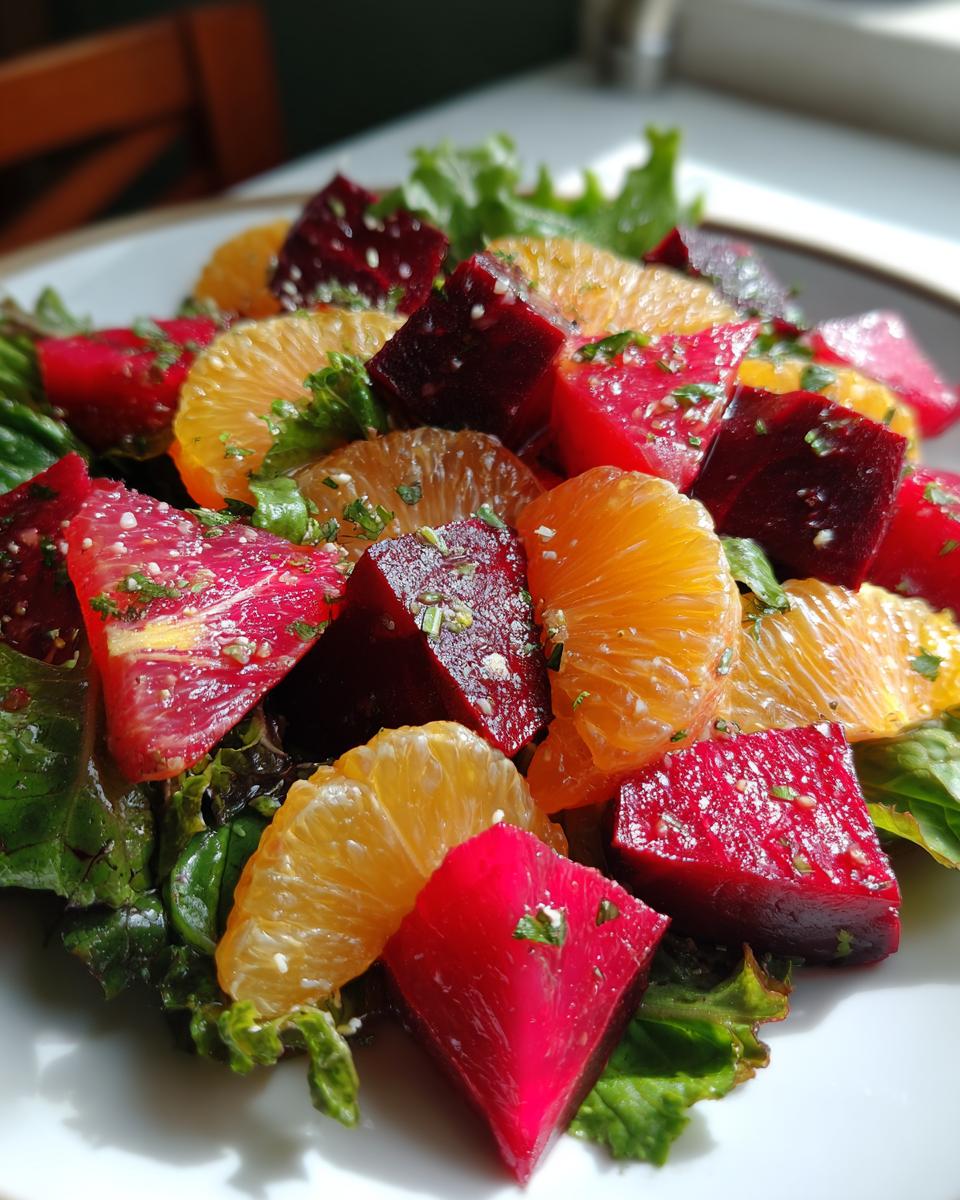 Close-up of a vibrant Roasted Beet Citrus Salad featuring bright orange segments and cubed beets over green lettuce.