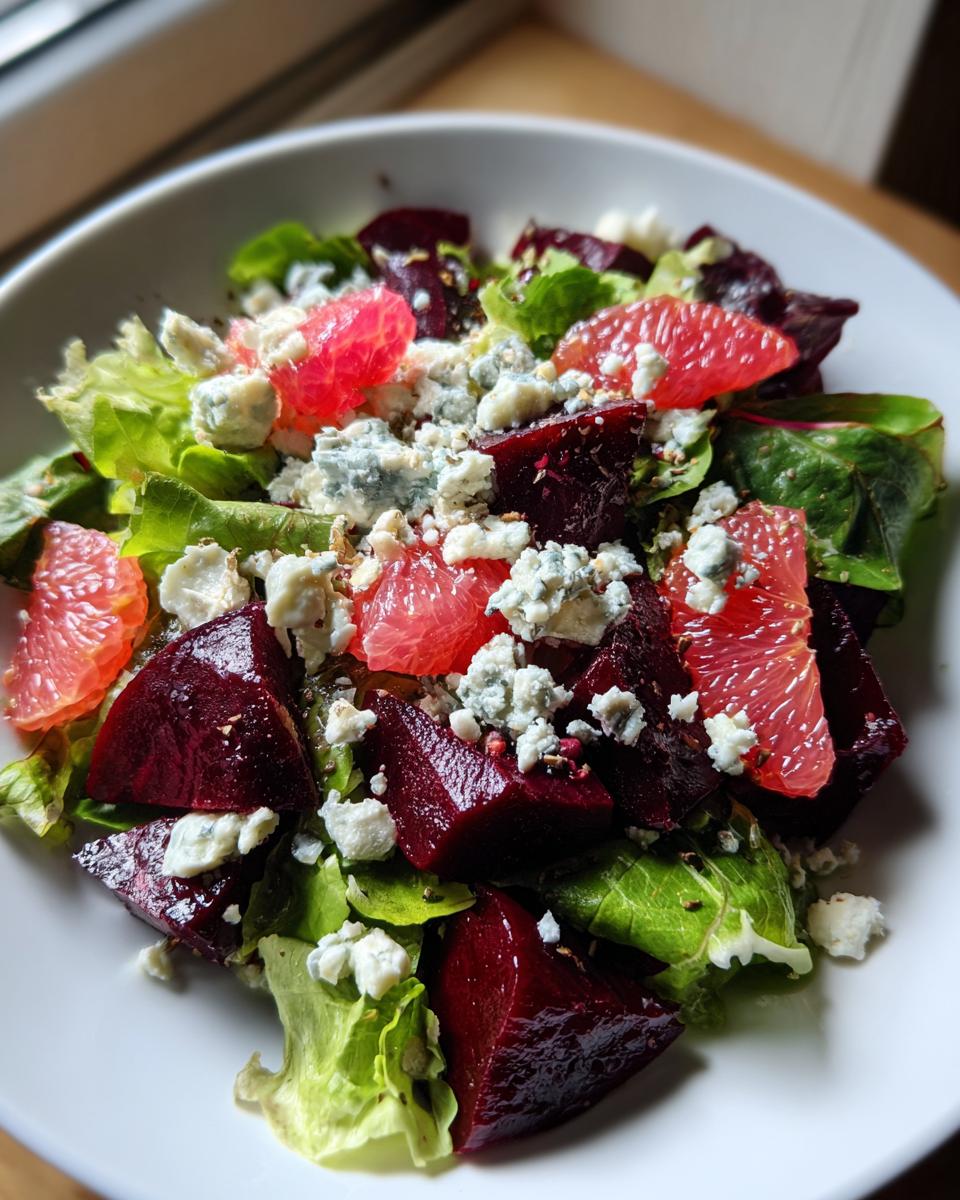 Close-up of a Roasted Beet Grapefruit Blue Cheese Salad with vibrant pink grapefruit segments and deep red beets.