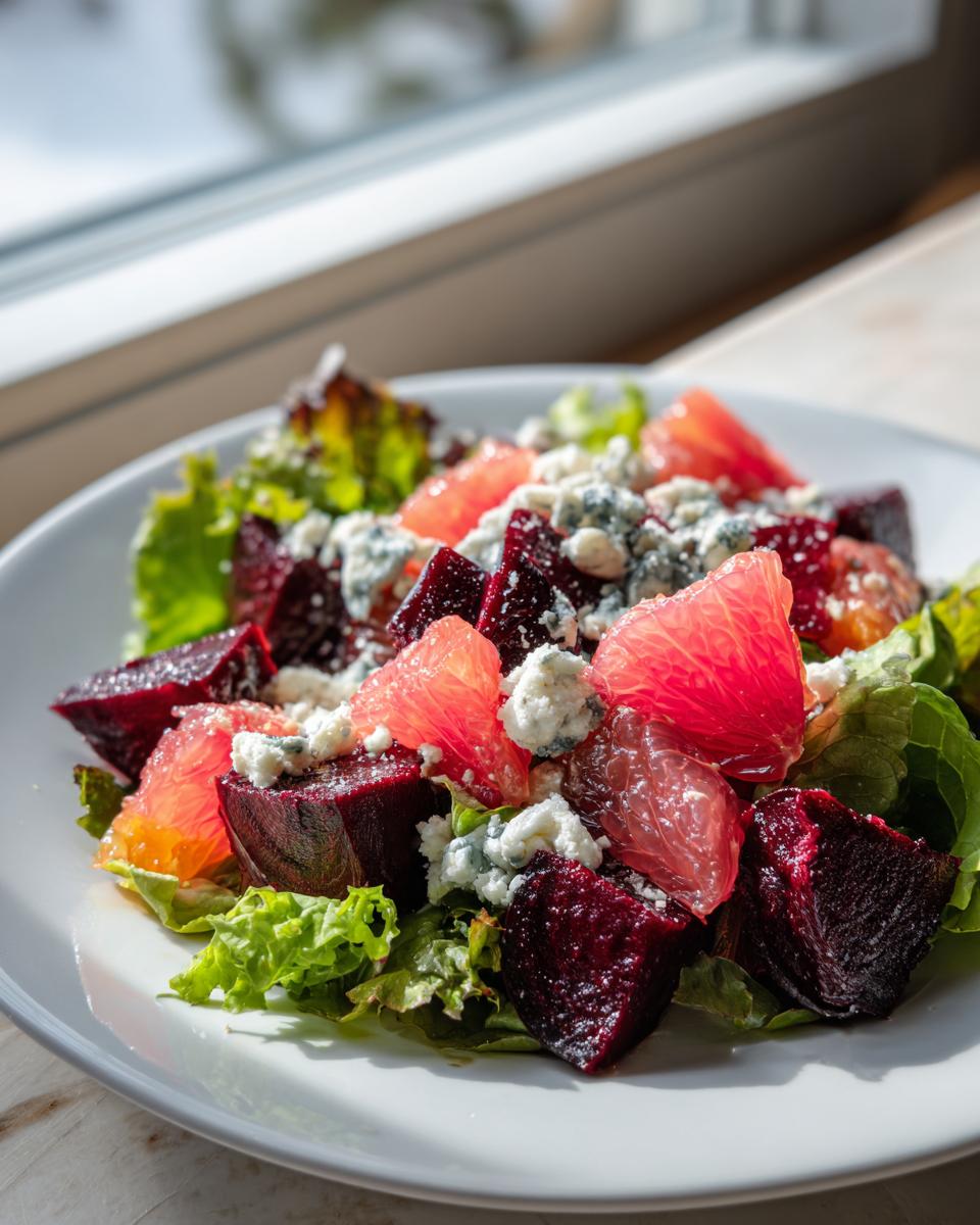 Close-up of a vibrant Roasted Beet Grapefruit Blue Cheese Salad featuring dark beets, pink grapefruit segments, and crumbled blue cheese on lettuce.