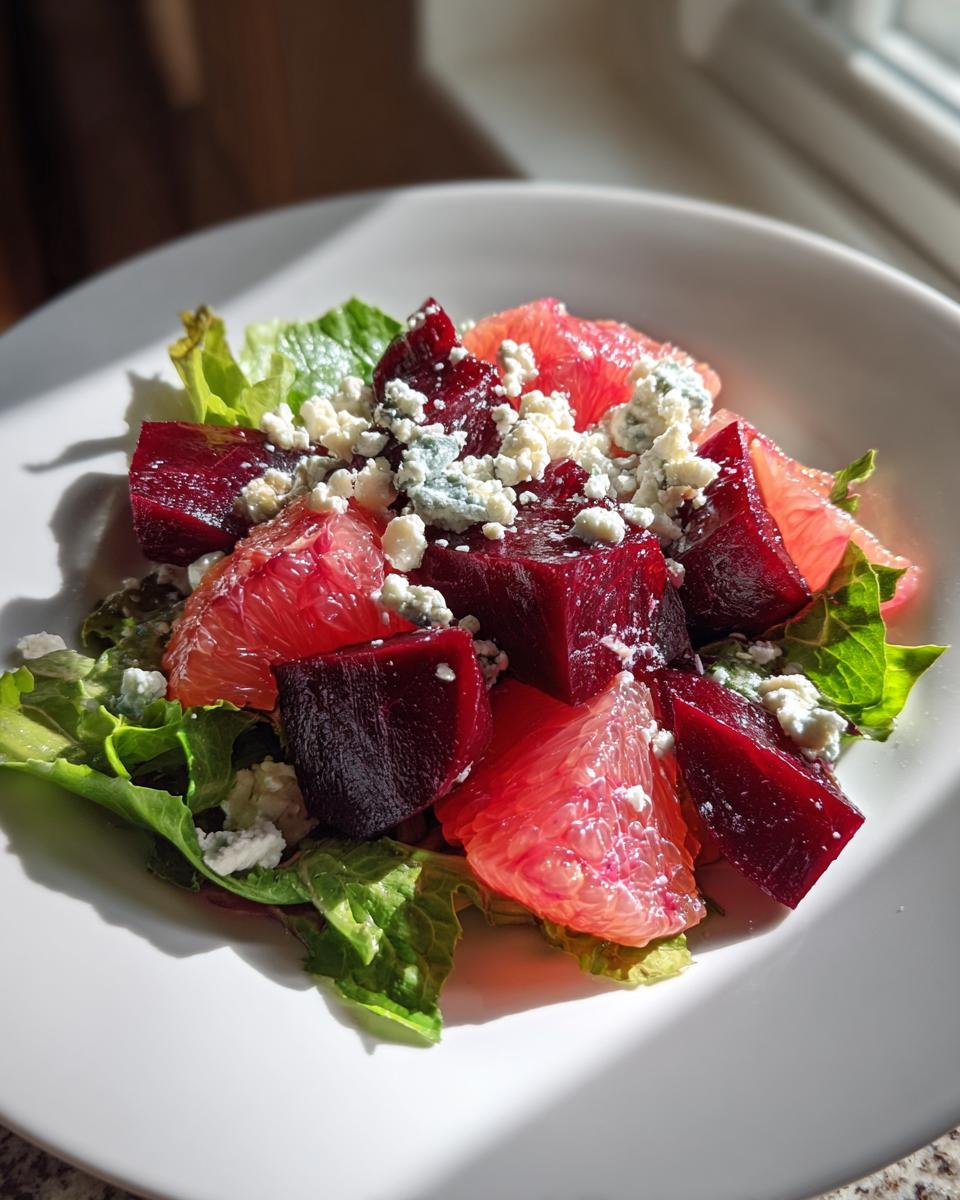 Close-up of a Roasted Beet Grapefruit Blue Cheese Salad featuring dark red beets, pink grapefruit segments, and crumbled blue cheese on lettuce.