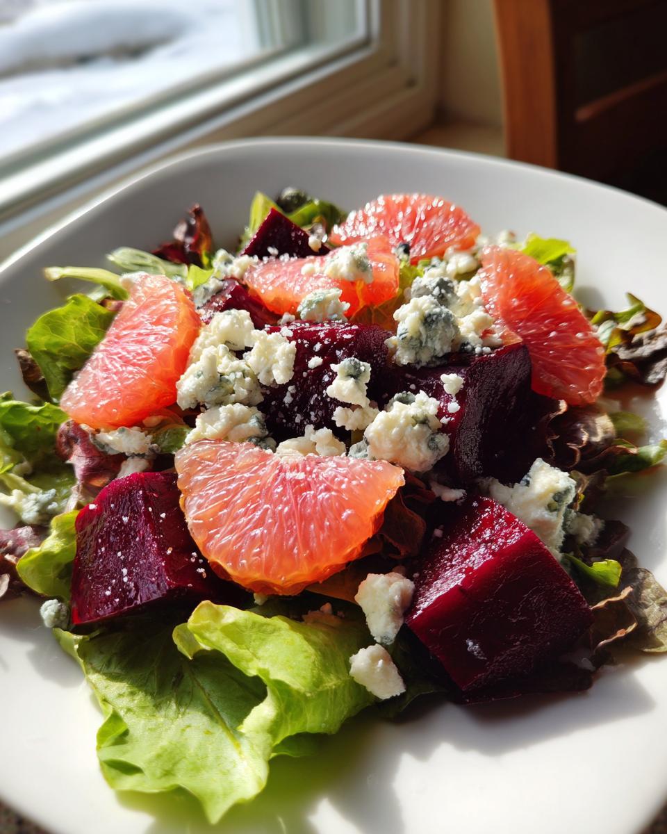 Close-up of a Roasted Beet Grapefruit Blue Cheese Salad featuring deep red beets, bright pink grapefruit segments, and crumbled blue cheese on greens.