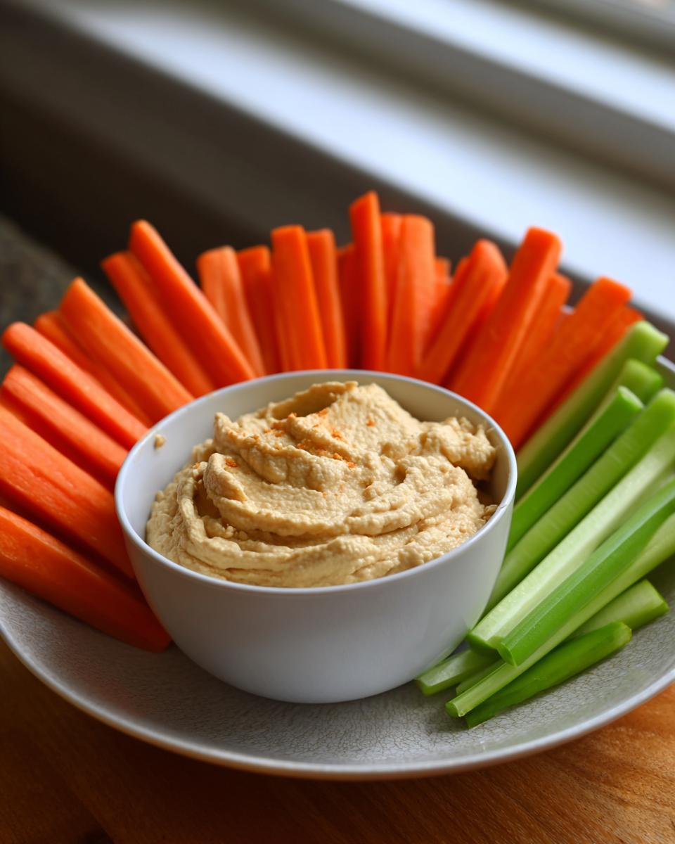 A bowl of Roasted Garlic White Bean Dip surrounded by fresh carrot and celery sticks for dipping.