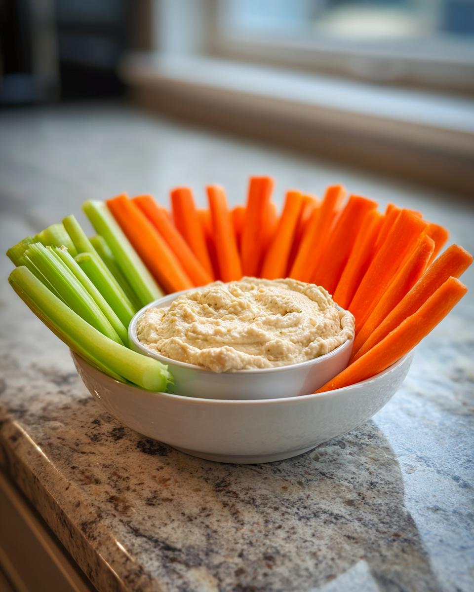 A bowl of Roasted Garlic White Bean Dip surrounded by carrot and celery sticks.