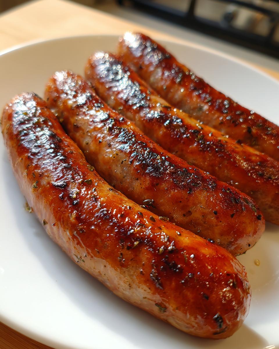 Four perfectly browned and glistening Roasted Italian Sausage In The Oven links on a white plate.