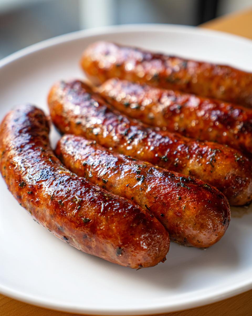 Five beautifully browned and glistening Roasted Italian Sausage In The Oven links on a white plate.