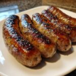 Four perfectly browned and glistening Roasted Italian Sausage In The Oven links served on a white plate.