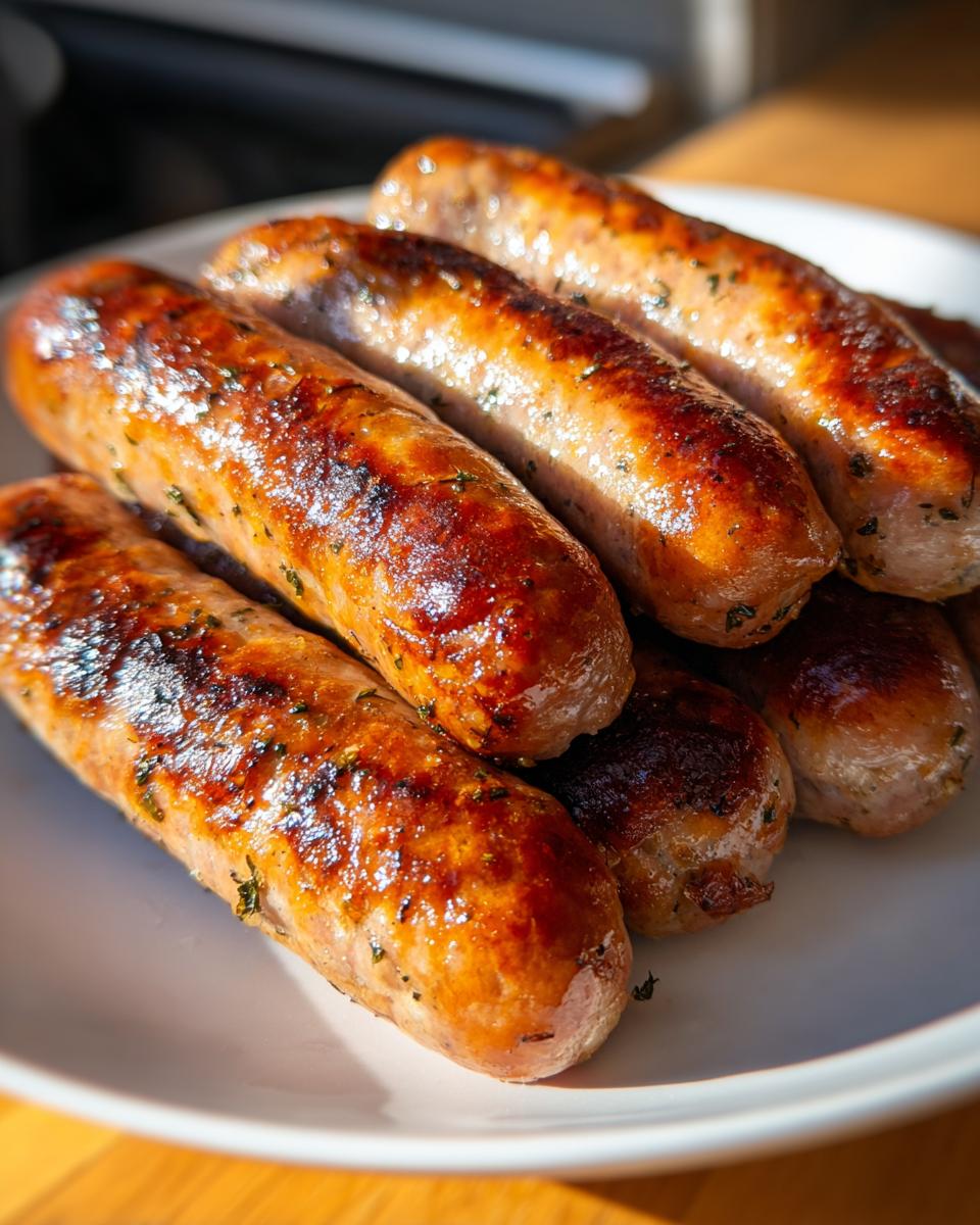 A close-up of several perfectly browned Roasted Italian Sausage In The Oven piled on a white plate.