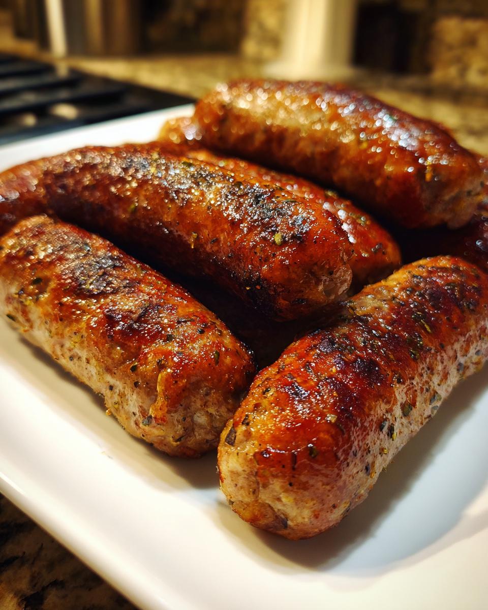 A close-up of several juicy, browned Roasted Italian Sausage In The Oven on a white platter.