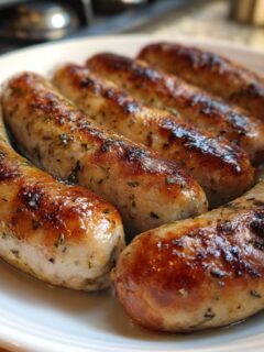 Close-up of five perfectly browned Roasted Italian Sausage In The Oven links on a white plate.