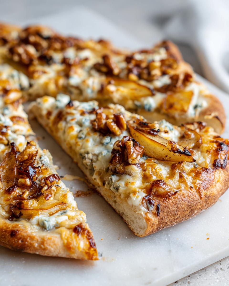 Slices of Roasted Pear Flatbread With Gorgonzola topped with caramelized pears, walnuts, and melted cheese on a white marble board.