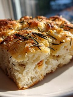 Close-up of a thick, airy slice of Rustic Rosemary Garlic Focaccia bread with a golden crust, herbs, and coarse salt.