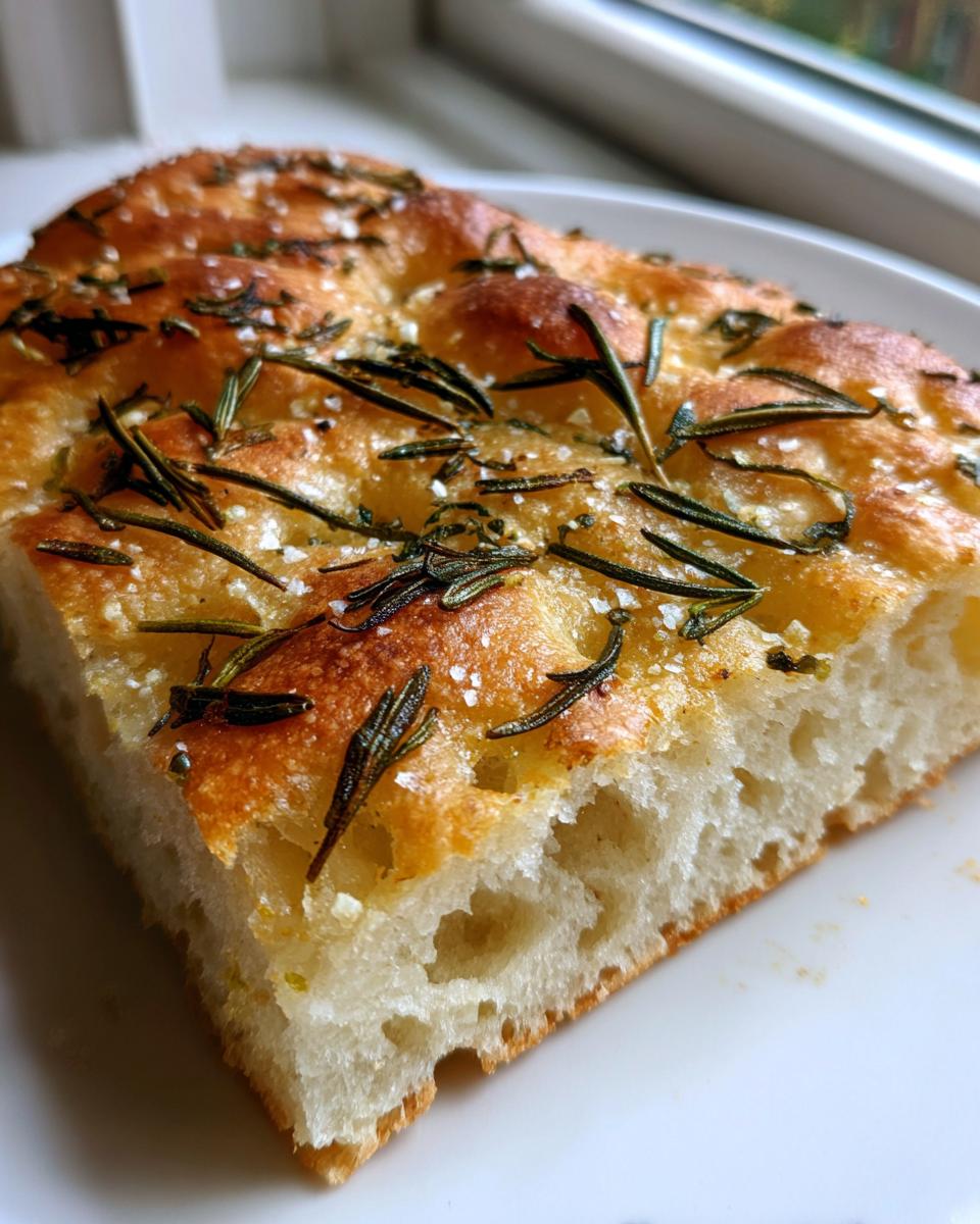 Close-up of a thick slice of Rustic Rosemary Garlic Focaccia showing its airy crumb, golden crust, and rosemary topping.