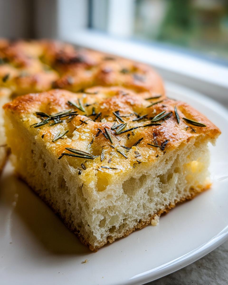 Close-up of a thick, airy slice of Rustic Rosemary Garlic Focaccia on a white plate.