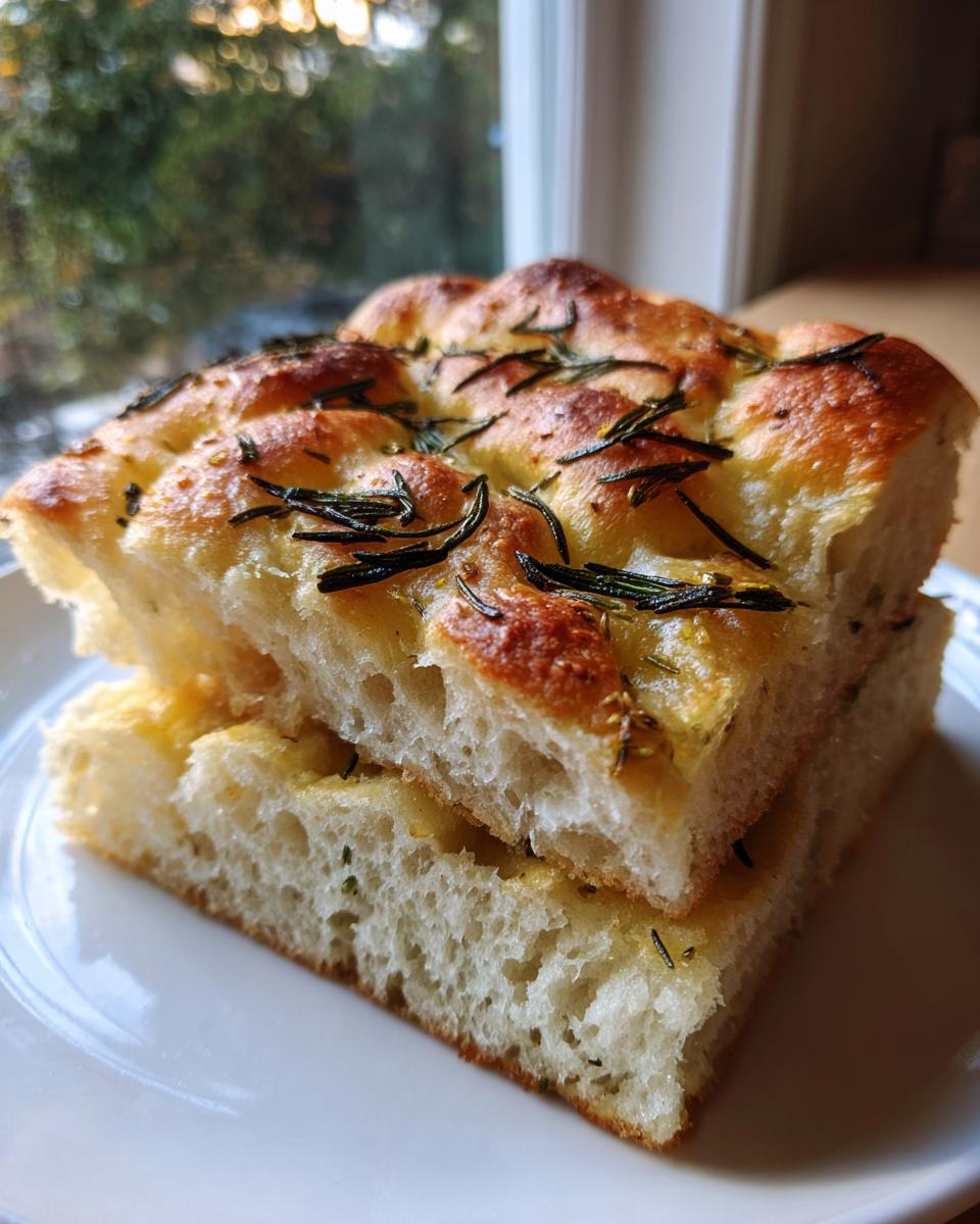 Two stacked slices showing the airy interior of the Rustic Rosemary Garlic Focaccia bread with a golden crust.