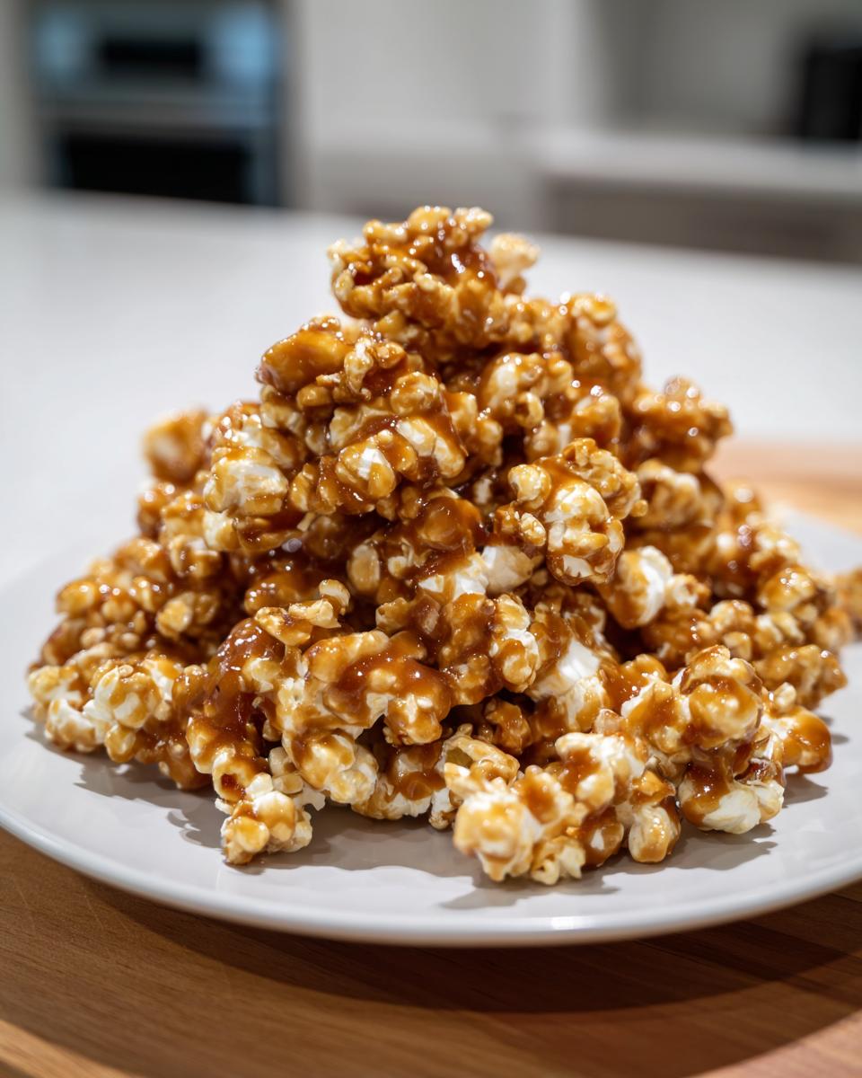 A generous mound of glossy, homemade Salted Caramel Popcorn piled high on a white plate.