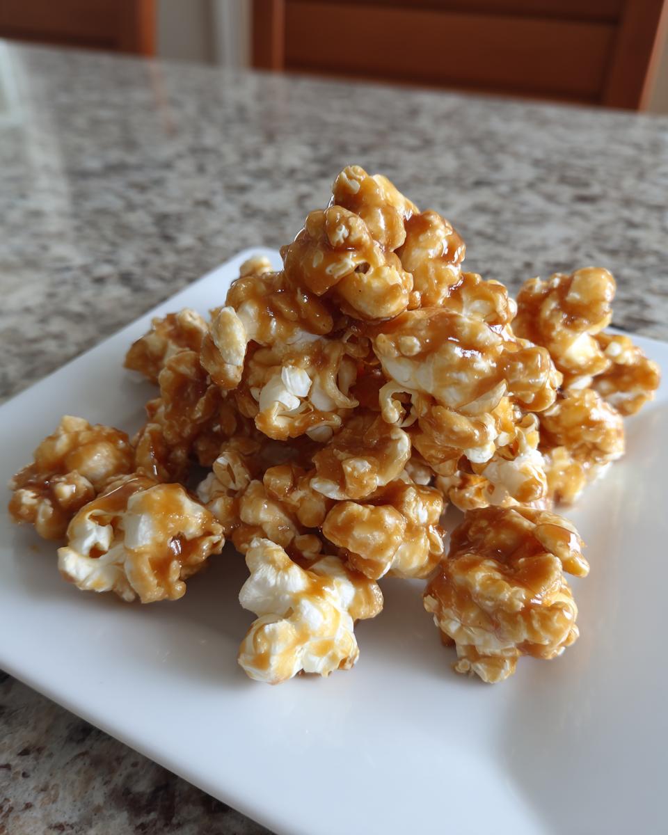A close-up of a mound of glossy, homemade Salted Caramel Popcorn piled on a white square plate.