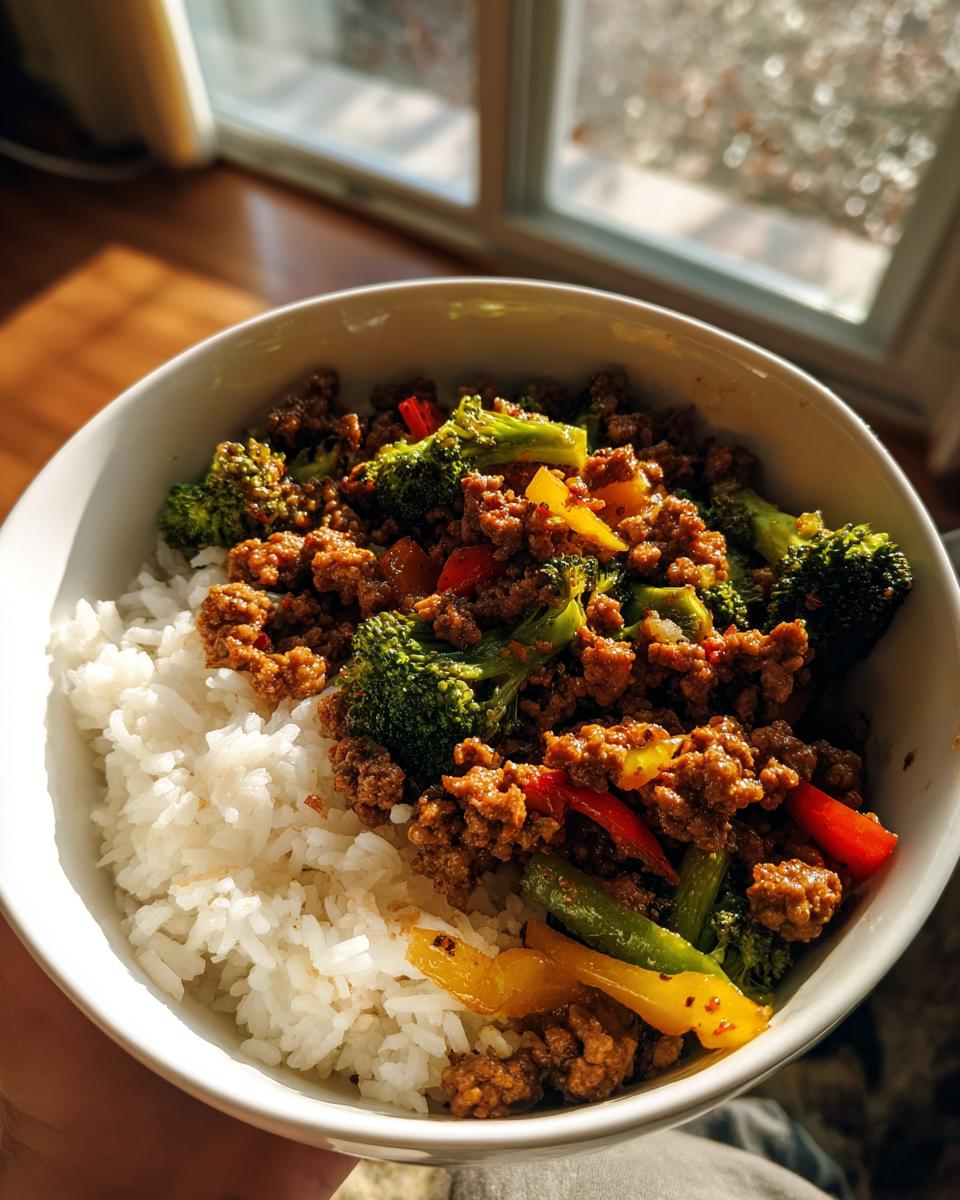 A white bowl filled with white rice topped with a mixture of ground sausage, broccoli, and colorful bell peppers for a Sauteed Sausage Veggie Rice Bowl.