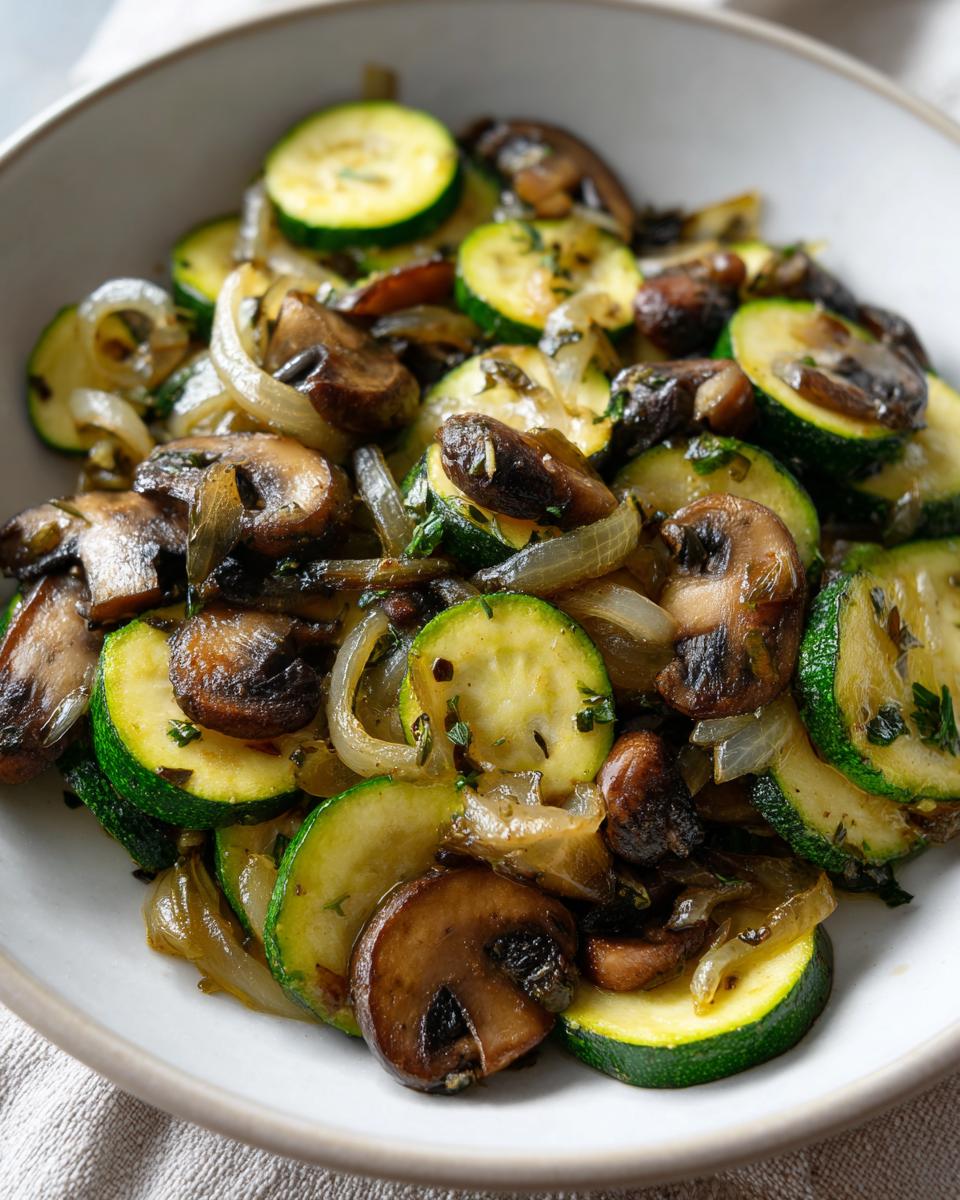 Close-up of a bowl filled with Sauteed Zucchini With Mushrooms And Onion, seasoned with herbs.