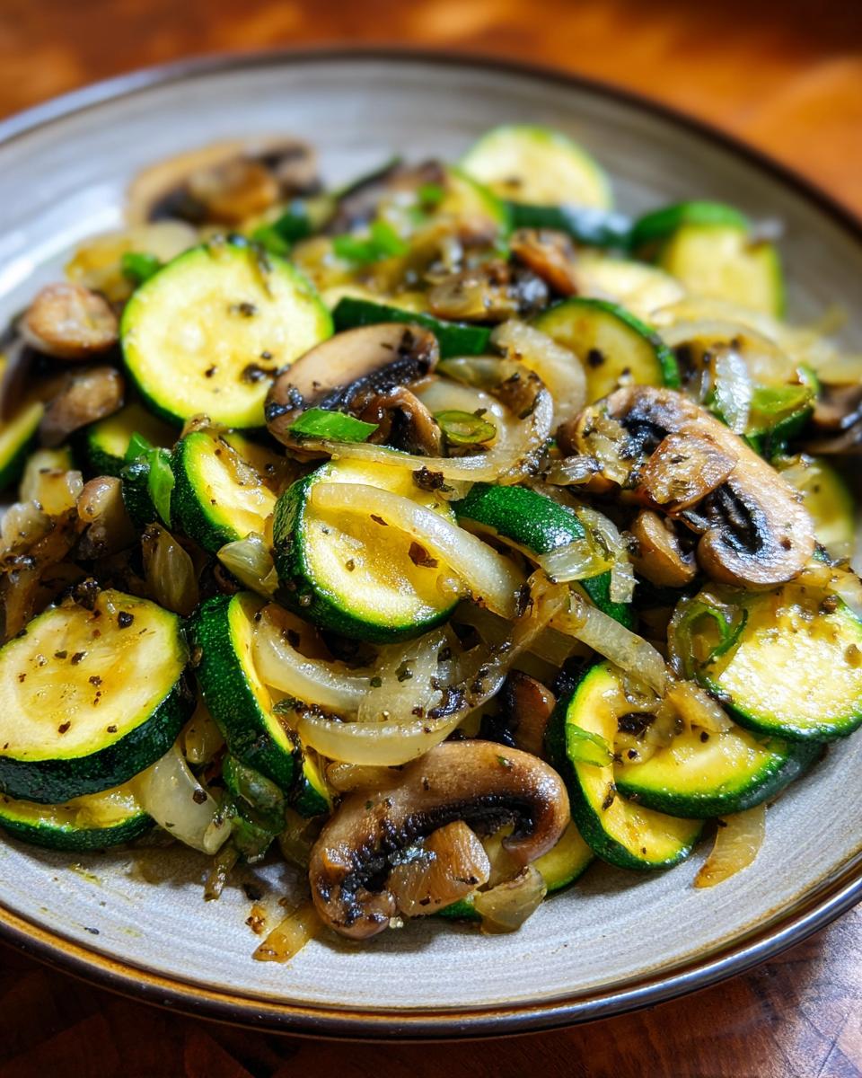 A close-up of a bowl of Sauteed Zucchini With Mushrooms And Onion, seasoned with herbs and pepper.