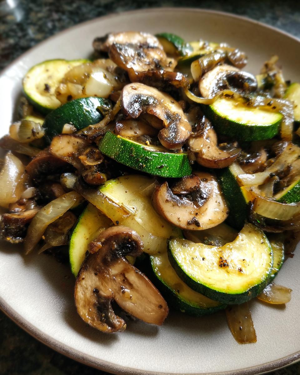 A close-up of perfectly sauteed zucchini with mushrooms and onion, seasoned with pepper.