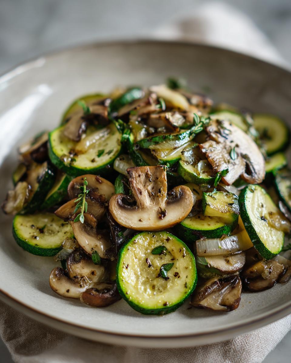 A close-up of Sauteed Zucchini With Mushrooms And Onion, garnished with fresh thyme sprigs.