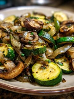 A close-up of Sauteed Zucchini With Mushrooms And Onion served on a light brown plate.