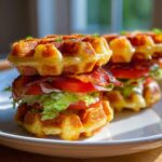 Close-up of two stacked Savory Waffle BLT Sliders featuring crispy bacon, fresh tomato, and lettuce between golden waffles.