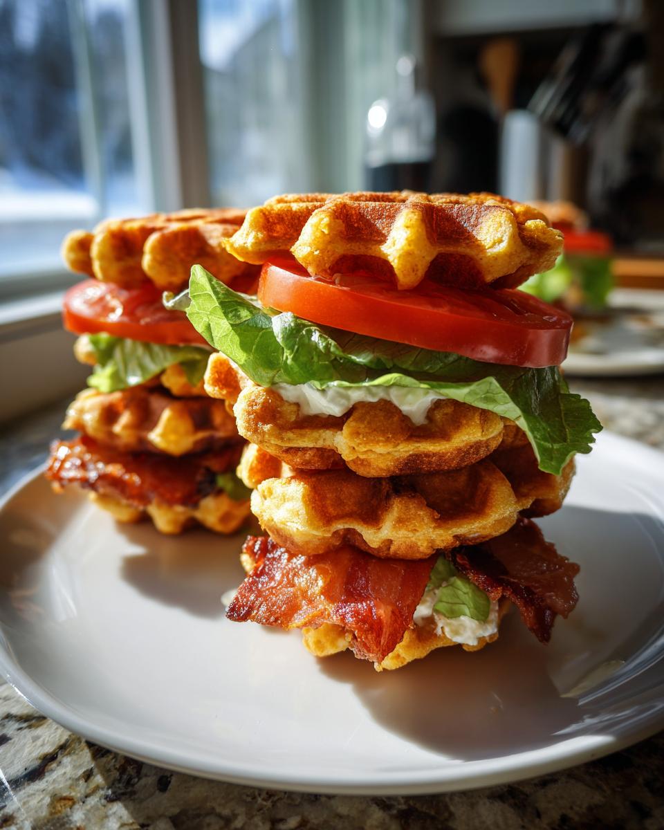 A tall stack of Savory Waffle BLT Sliders featuring crispy bacon, lettuce, tomato, and a creamy spread between golden waffles.