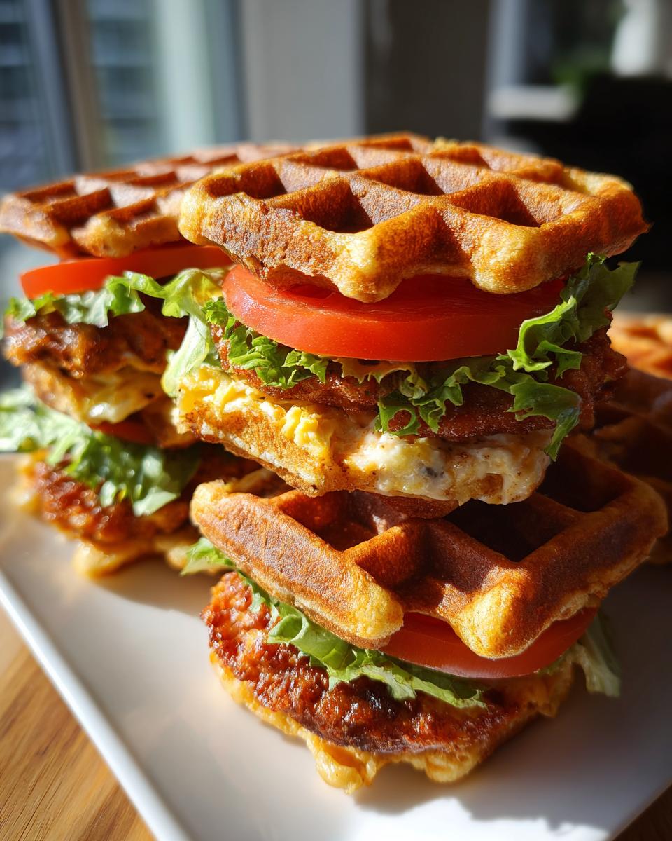 A tall stack of Savory Waffle BLT Sliders featuring crispy waffles, fresh lettuce, and thick tomato slices.