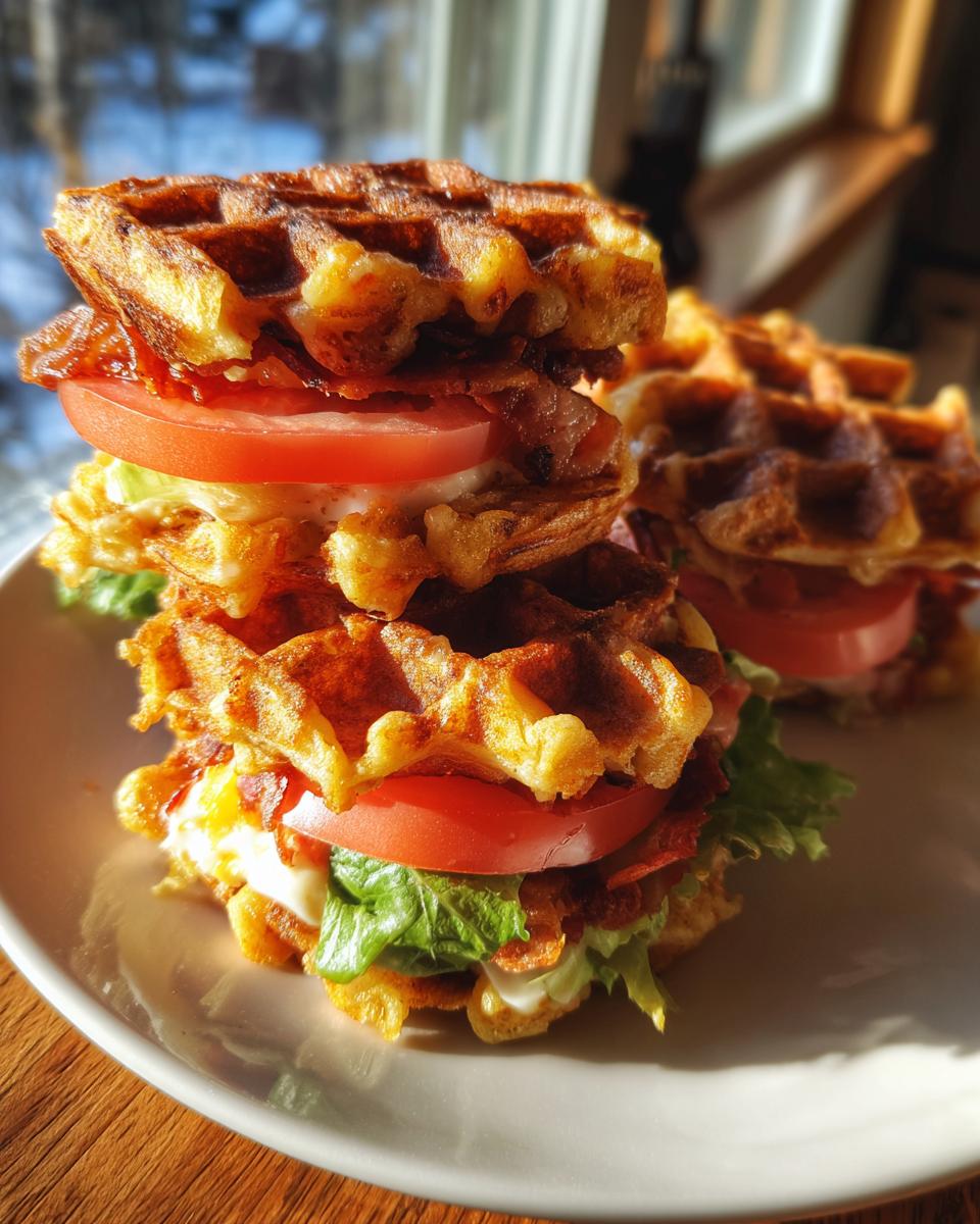 Two stacked Savory Waffle BLT Sliders featuring crispy waffles, bacon, tomato, lettuce, and mayo.