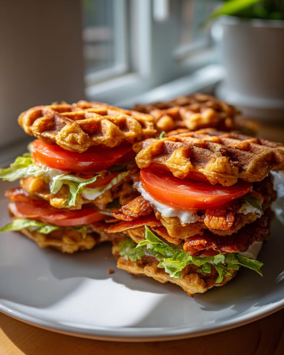Two stacked Savory Waffle BLT Sliders featuring crispy bacon, fresh tomato, lettuce, mayo between savory waffles.