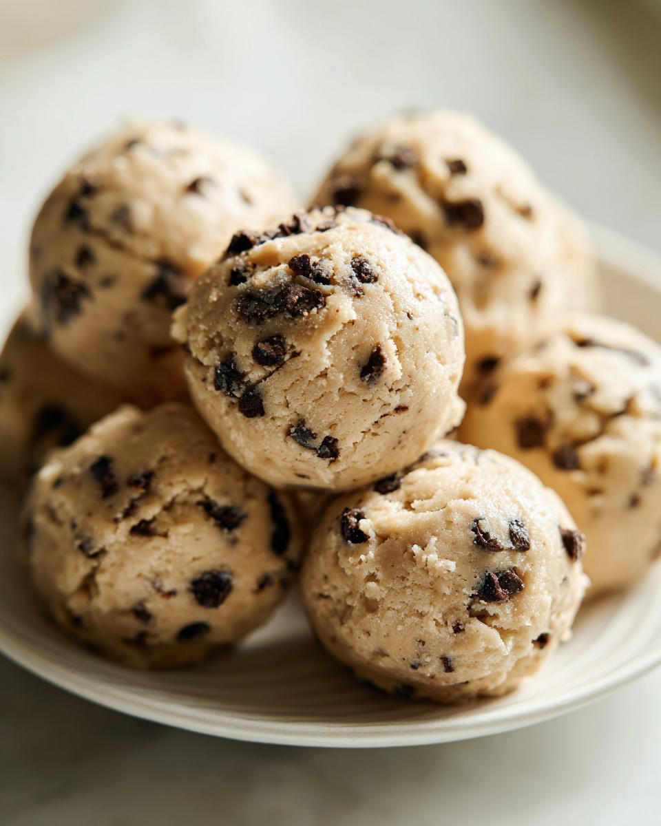 Close-up of several scoops of edible Greek Yogurt Cookie Dough studded with mini chocolate chips, piled on a white plate.