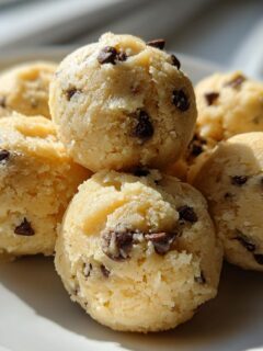 Close-up of several scoops of raw Greek Yogurt Cookie Dough studded with mini chocolate chips on a white plate.