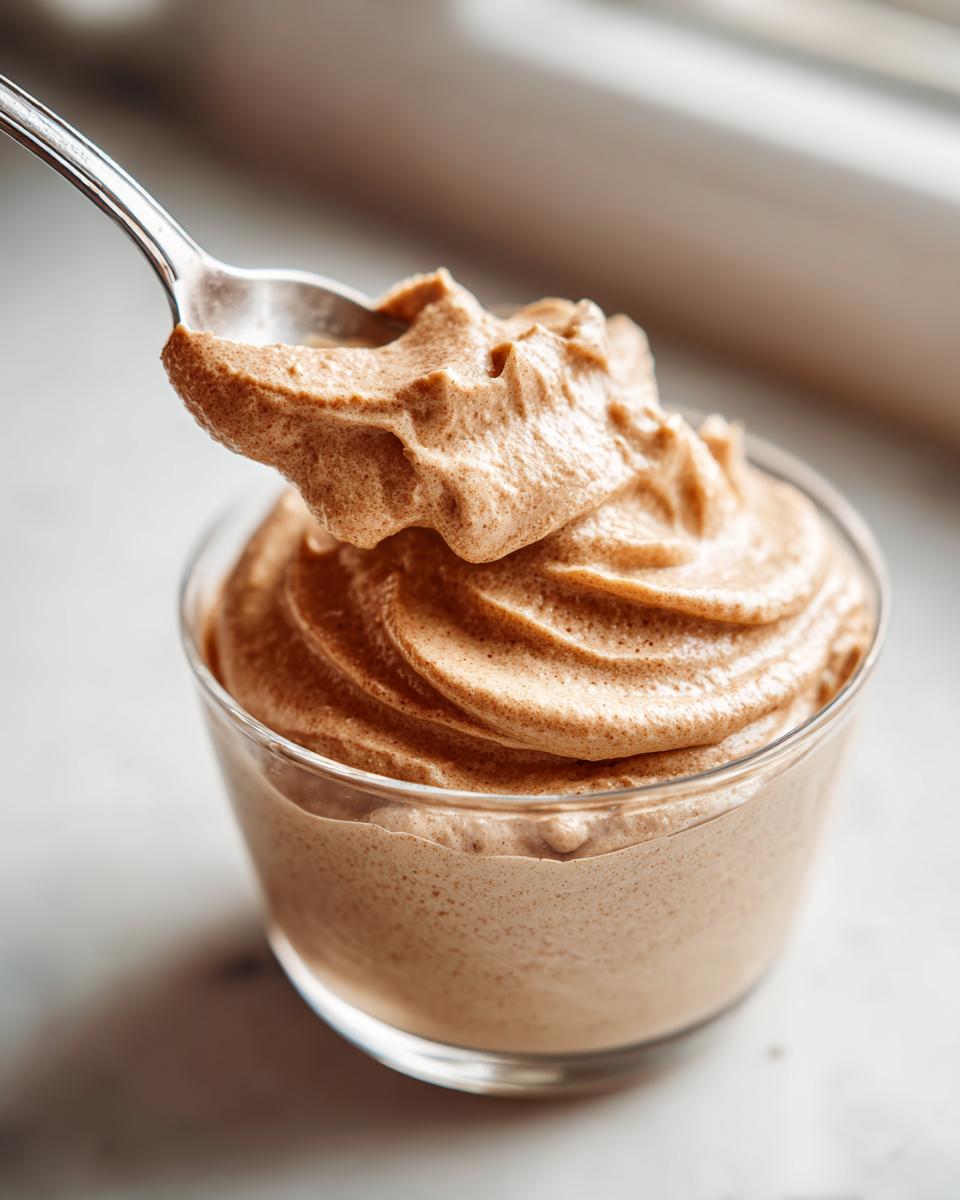 A spoonful of light, fluffy 5 Minute Peanut Butter Mousse being lifted from a glass serving dish.