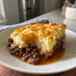 A hearty serving of Shepherds Pie With Ground Beef, showing rich gravy and browned mashed potato topping.