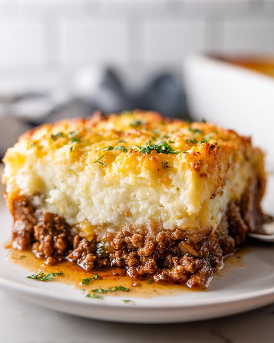 Close-up of a serving of Shepherds Pie With Ground Beef, showing rich gravy and browned mashed potato topping.