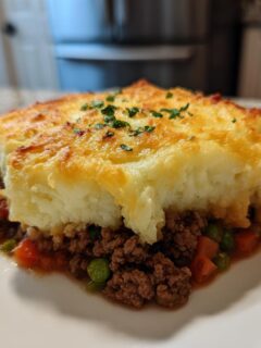 A hearty serving of Shepherds Pie With Ground Beef featuring a golden, cheesy potato topping over savory ground beef and vegetables.