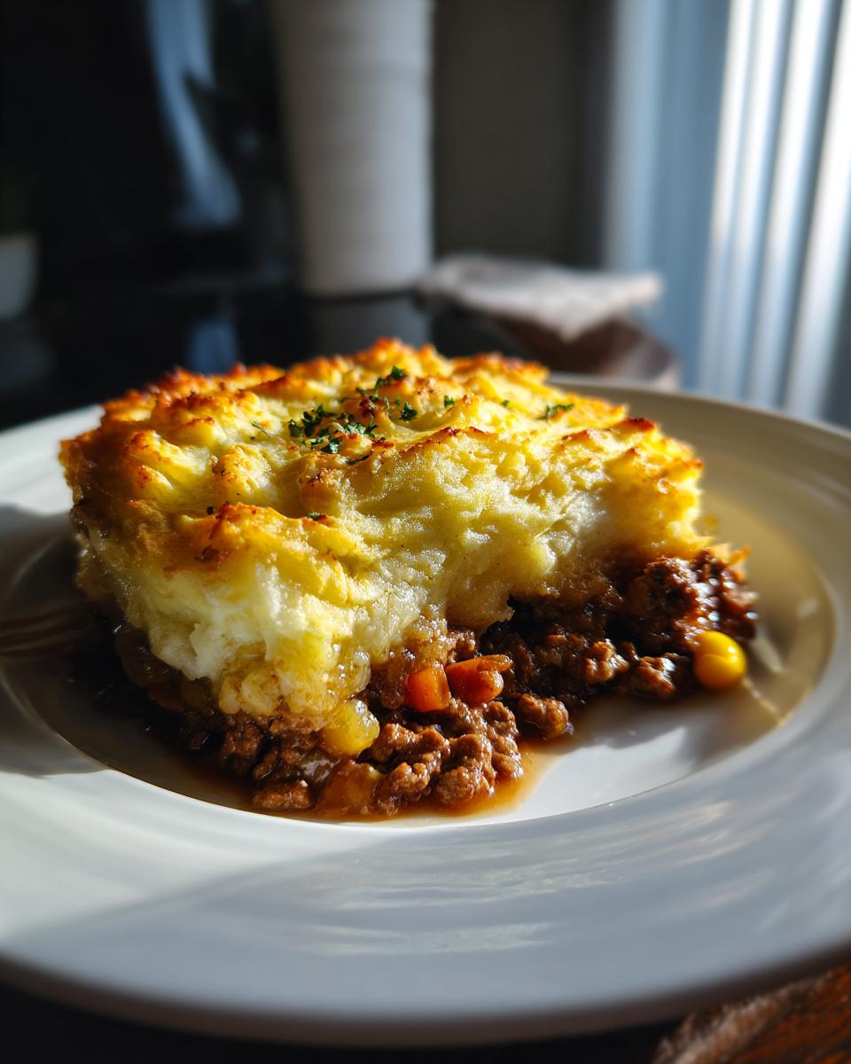 A close-up of a serving of Shepherds Pie With Ground Beef, showing the browned potato topping and rich meat filling.