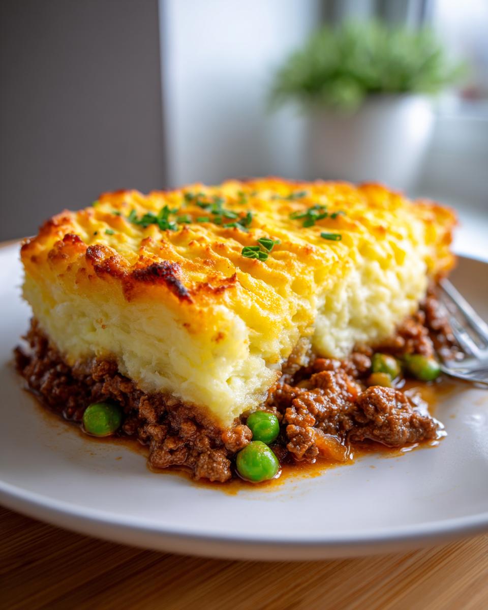A close-up of a hearty slice of Shepherds Pie With Ground Beef, featuring a rich meat base and golden, fluffy mashed potato topping.