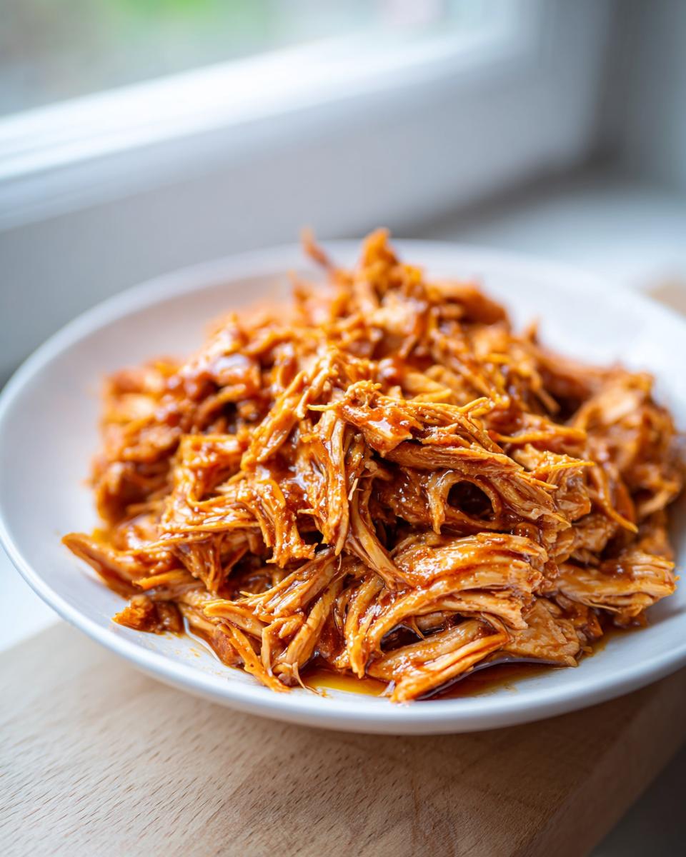 Close-up of shredded Slow Cooker Honey Garlic Chicken coated in a glossy sauce, served in a white bowl.