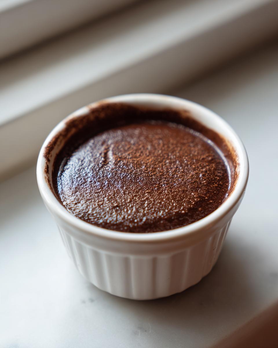 A close-up of rich, dark Cottage Cheese Chocolate Mousse dusted with cocoa powder in a white ramekin.