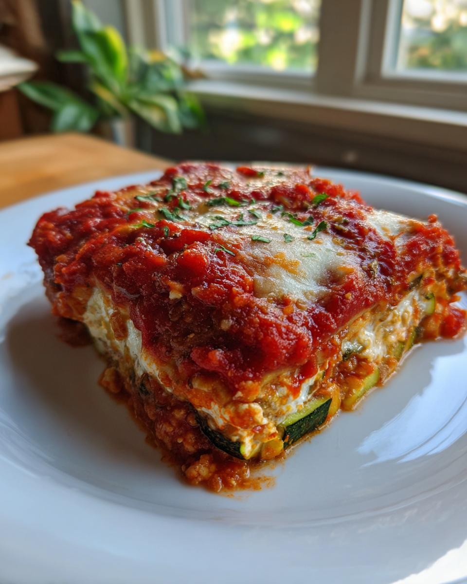 A square serving of Skillet Zucchini Lasagna layered with ricotta and topped with rich marinara sauce and melted cheese.