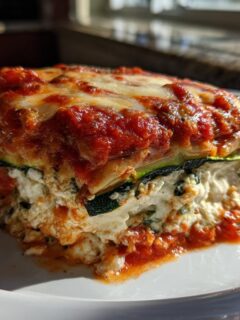 A close-up of a hearty slice of Skillet Zucchini Lasagna showing layers of ricotta, zucchini, and rich tomato sauce.