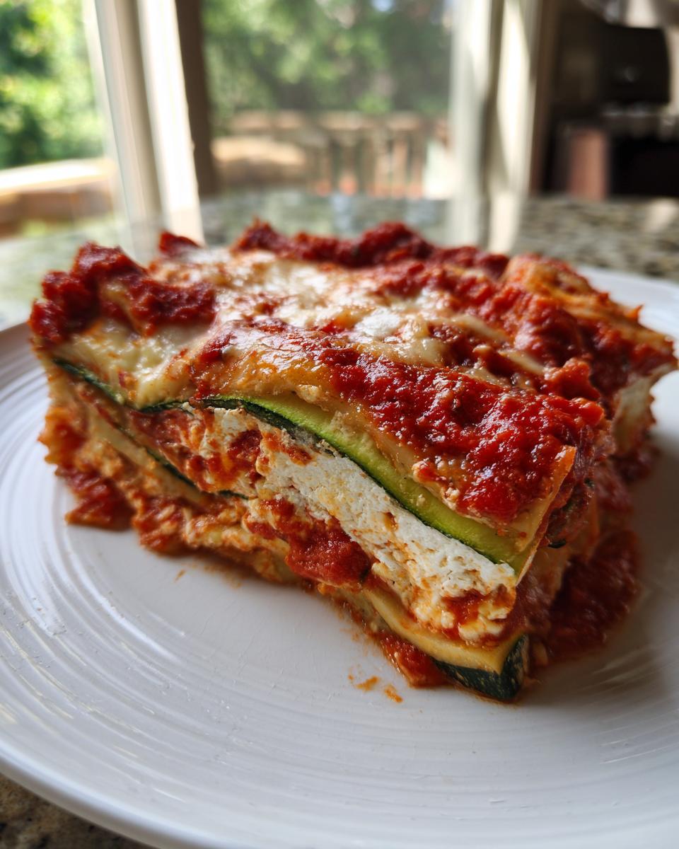 A thick slice of Skillet Zucchini Lasagna layered with zucchini, cheese, and topped with rich marinara sauce.