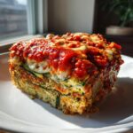 A thick slice of Skillet Zucchini Lasagna layered with ricotta, zucchini, and topped with rich marinara sauce and melted cheese.