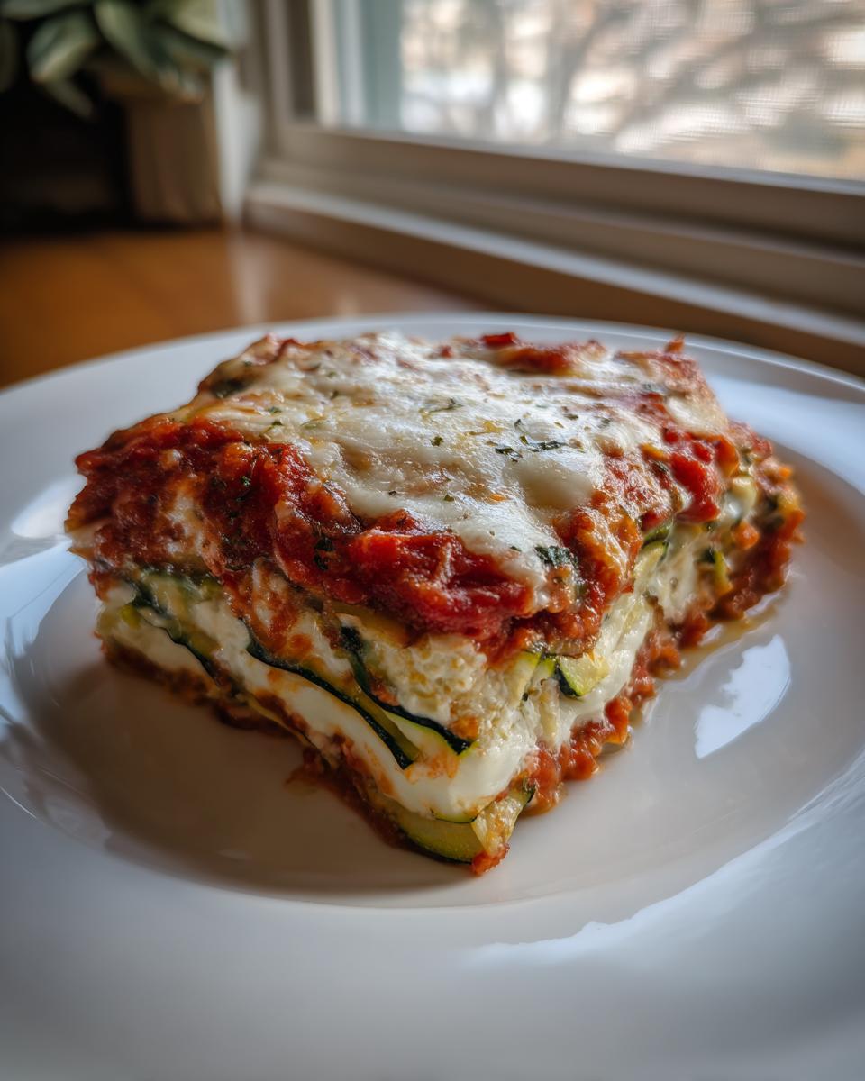 A square serving of Skillet Zucchini Lasagna layered with zucchini, ricotta, and topped with rich tomato sauce and melted mozzarella.