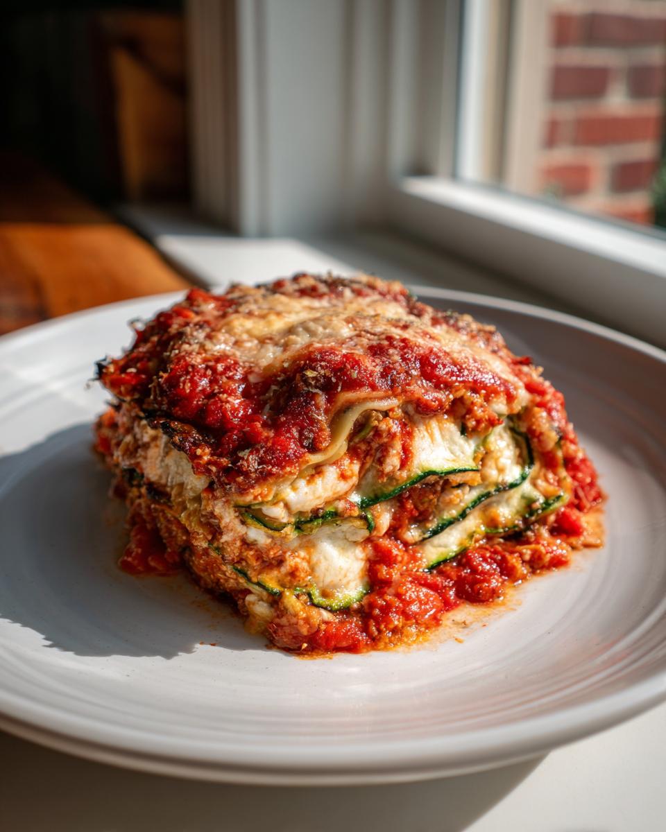 A hearty slice of Skillet Zucchini Lasagna layered with sauce, cheese, and zucchini, served on a white plate.