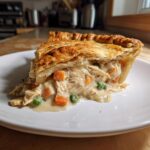A generous slice of Grandmas Chicken Pot Pie showing creamy filling, chicken, carrots, and peas under a golden, flaky crust.